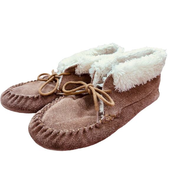 Moccassin Slippers Women Size 7‎ Suede w/ Sherpa Lined Booties Tan Ankle Booties - Picture 10 of 13